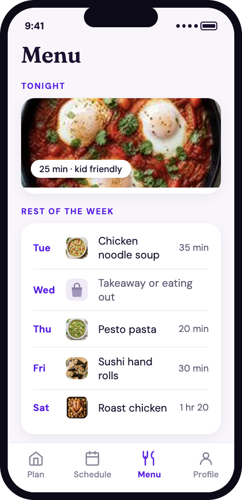 Ruubi's Menu screen: shakshuka tonight, then chicken noodle soup, takeaway, pesto pasta, sushi hand rolls and roast chicken for the rest of the week