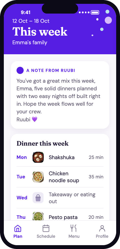 Ruubi's This week screen: a note from Ruubi to Emma and the dinner plan for the week
